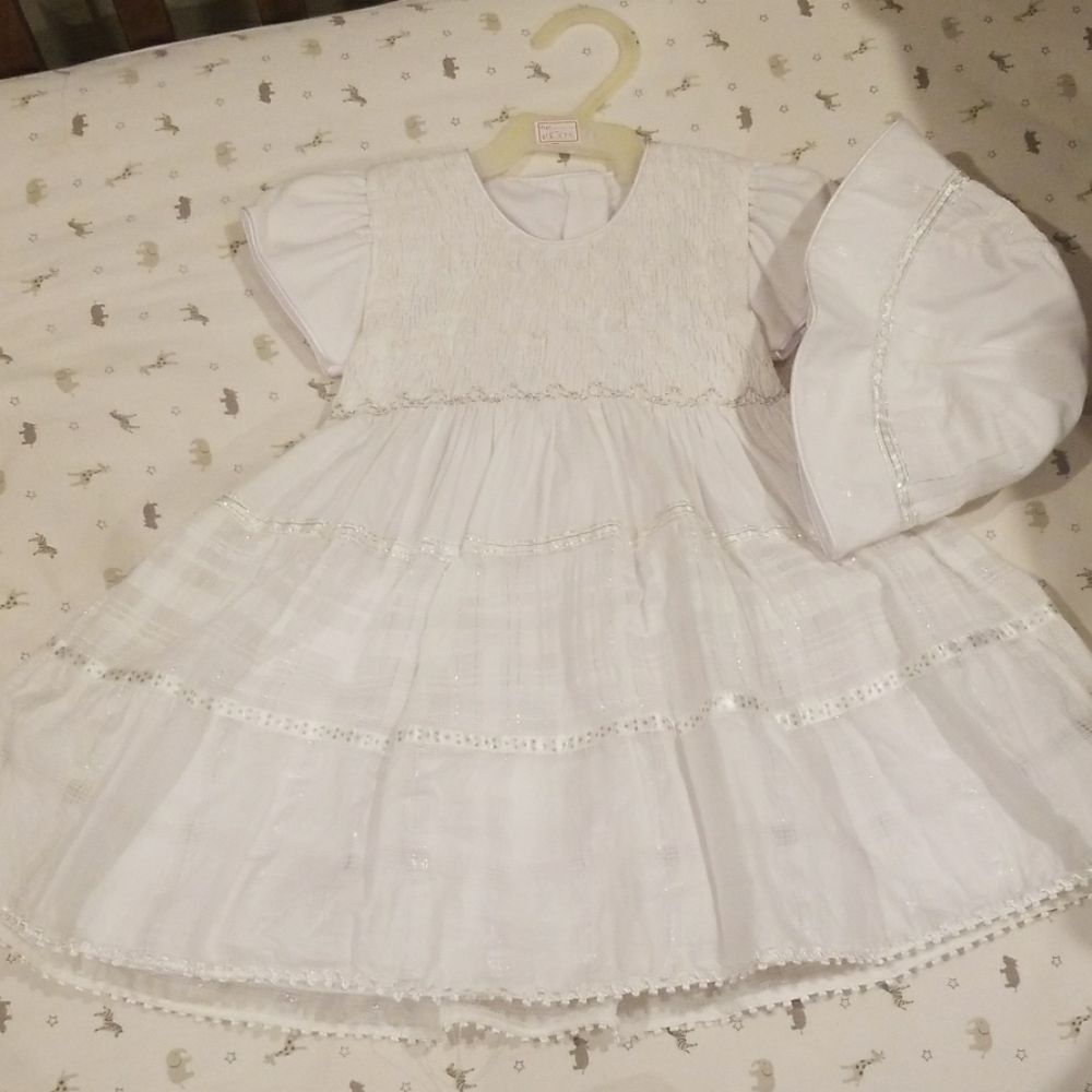 Smocked dress & hat baby girl 12 months